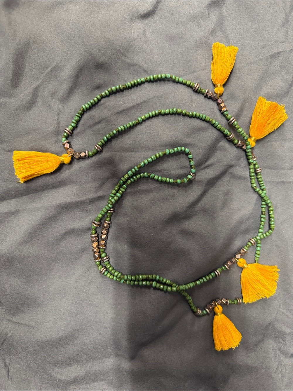 Green Beaded Necklace with Yellow Tassels